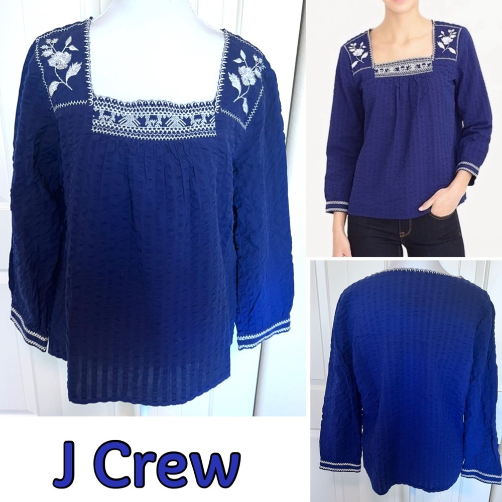 J. Crew Blue Embroidered Cotton Peasant Top Sz Small